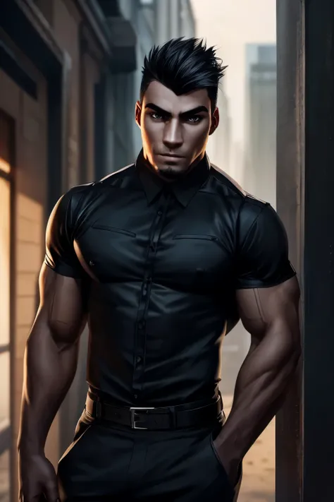 a muscular man with black hair in a wolfcut hairstyle, dark eyes, wearing dark clothes, detailed facial features, 