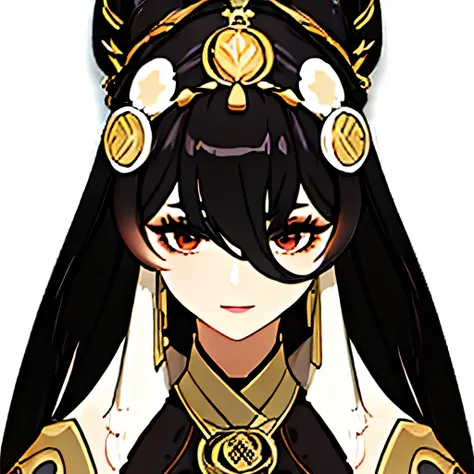 [a gorgeous, mature woman with a seductive smile and parted lips against a white background. She has sharp eyelashes, eyes browns, and long black hair with bangs. His figure is voluptuous, with a narrow waist, Broad Hips, and huge breasts. The image has an...
