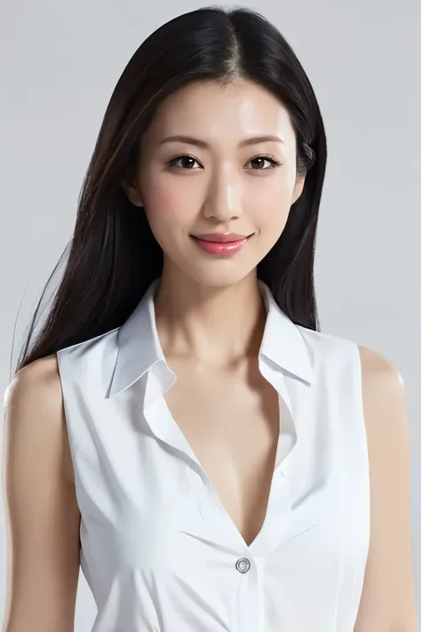 (Highest quality、Tabletop、8K、Best image quality、Award-winning works)、One beautiful woman、(Bright white skin:1.1)、(Perfect white polyester sleeveless open shirt:1.3)、(The perfect sleeveless open collar shirt:1.2)、(Button-up shirt:1.2)、(Very bright:1.1)、Brig...