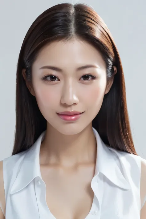 (Highest quality、Tabletop、8K、Best image quality、Award-winning works)、One beautiful woman、(Bright white skin:1.2)、(Perfect white polyester sleeveless open shirt:1.4)、(The perfect sleeveless open collar shirt:1.2)、(Button-up shirt:1.3)、(Very bright:1.2)、Brig...