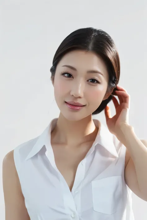 (Highest quality、Tabletop、8K、Best image quality、Award-winning works)、One beautiful woman、(Bright white skin:1.3)、(Perfect white polyester sleeveless open shirt:1.5)、(The perfect sleeveless open collar shirt:1.2)、(Button-up shirt:1.4)、(Very bright:1.3)、Brig...
