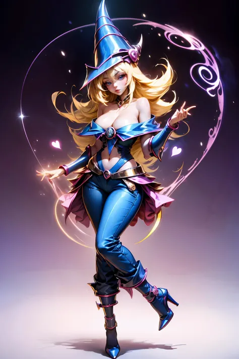 dark magician gils, with high-heels. pants,  sexy, Subjective and sensual pose. magic background. Magical heart in the air. magic circle 