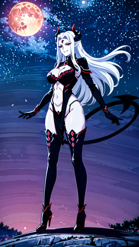 1girl,tall,mature female,30s,sensual face,black langerie,cleavage,black armor,medusa hair,sexy,pointy ears,(mgedemon),white hair,night,red moon,night sky,floating,full body,smile,dancing on sky