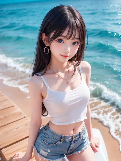 Small breasts、Earrings、necklace、Beautiful glowing white skin,、 bright, Refreshing and gentle look, Perfect beautiful pretty face, Shiny, straight, long hair down to the waist, Beautiful shiny bangs, （（Very beautiful and beautiful４Year old girl））, eyeliner,...