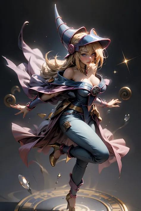 (Masterpiece:1.2), (The best quality:1.2), perfect lighting, Dark Magician Girl casting a spell, in battle. floating in the air, big and visible tits, wear jeans and heels. transparent neckline, blue robe, big hat, From above, sparkles, Yugioh game, The ma...