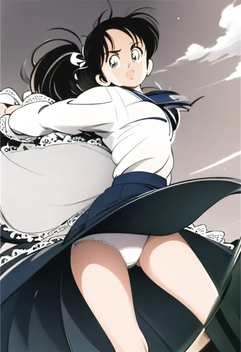 Kyoko OtonashiLow - Angle、
Low - Angle、Long skirt、Hold down your skirt that is being blown up by the strong wind、Anime white panties in a strong wind、Crotch is visible
ローレグのパンツ、Farbe: White、
Crotch is visible、
、Lined、White lace lining、
