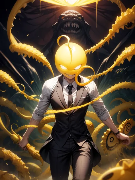 Assassination Classroom「Assassination Classroom」、Yellow body with Cthulhu tentacles on legs、gentlemen、（mortar）、Yellow head、smile、Big smile、Towards、（classroom）、Schoolyard、Dramatic composition、Dynamic action scenes like in a movie、Swirling vibrant colors、Cin...