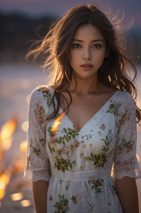 darkness, night, (Sharp focus: 1.5), (sharp focus:1.2), portrait, attractive young woman, (beautiful face:1.1), detailed eyes, luscious lips, (eye makeup:1.2), (tight body:1.2), 
wearing (white floral summer dress:1.2) at (the beach:1.2). standing by a bon...