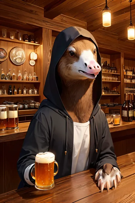 ((in a magical and mystical style)), ((a tavern, there is an image of a choking goose. on the counter, from the tavern there is a full mug of beer. This tavern is magical and dark at the same time. There is a hooded being sitting at the tavern counter, wit...