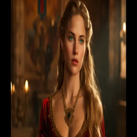 a woman in a red dress with a necklace and a necklace, portrait shot, as a medieval fantasy character, portrait of emily blunt as queen, from warcraft, blonde - haired princess, medieval princess, portrait cersei lannister sit, karol bak uhd, medieval styl...