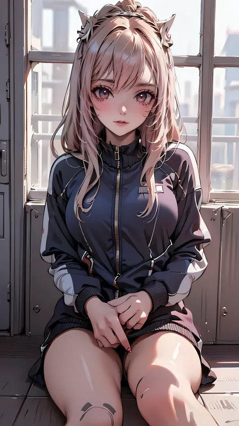 locker room,track suit,(Thin type:1.5),(large breasts),(random hairstyle),(Highest image quality,(8K), Ultra-realistic, Best Quality, High quality, High Definition, high quality texture, high detailing, Beautiful detailed, fine detailed, extremely details ...