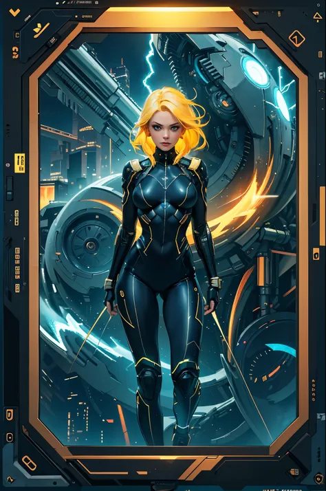 a beautiful young girl with yellow hair, a tight lightning-themed suit, and small breasts, wielding alien thunder weapons in a t...