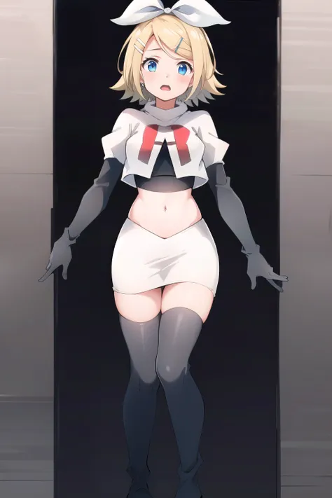 masterpiece, best quality, absurdres, perfect anatomy, 1girl, solo, Kagamine Rin, short hair, bow, team rocket,team rocket uniform,white skirt,red letter R,crop top,black thigh-highs,black elbow gloves