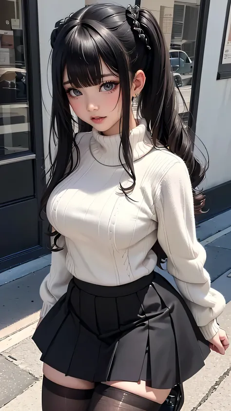 virgin destroyer sweater,black pantyhose,spread legs,high school girl,(Thin type),(large breasts),(random hairstyle),(Highest image quality, (8K), Ultra-realistic, Best Quality, High quality, High Definition, high quality texture, high detailing, Beautiful...