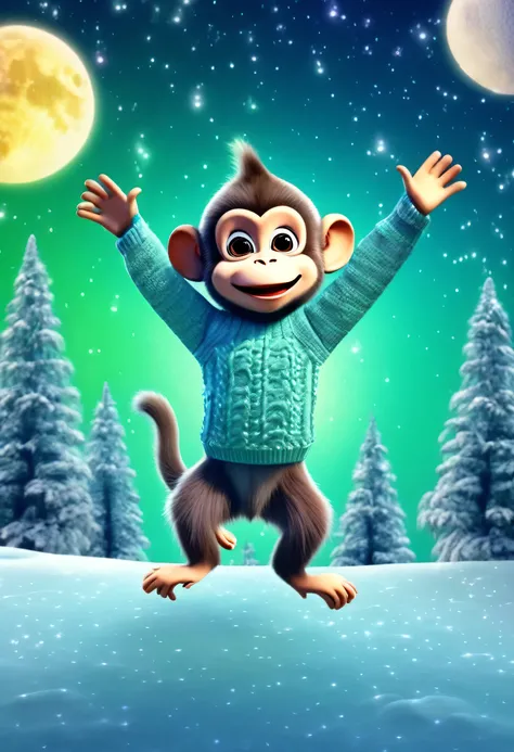 cute monkey, over the moon, cartoon, arms, sweater, cute eyes, looking at viewer, hands up, effects background, aurora boreal, particles
