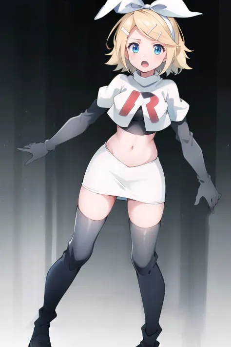 masterpiece, best quality, absurdres, perfect anatomy, 1girl, solo, Kagamine Rin, short hair, bow, team rocket,team rocket uniform,white skirt,red letter R,crop top,black thigh-highs,black elbow gloves