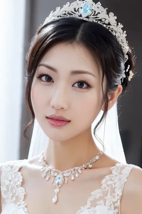 (Highest quality、Tabletop、8K、Best image quality、Award-winning works)、One beautiful bride、(alone:1.1)、(The most extravagant and gorgeous huge pure white wedding dress:1.1)、(Perfect Wedding Lace:1.2)、(The most gorgeous and luxurious giant tiara:1.1)、(The mos...