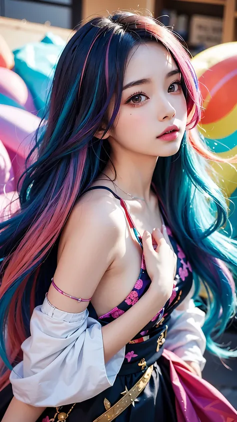 Anime girls with dazzling multicolored hair and vibrant colorful dresses、Featured in Rossdraws&#39; Enchanting Pastel Art。Vivid manga style anime portraits、4K resolution brings life to your images。Artgerm&#39;s dreamlike masterpiece、Boasting the dreamy art...