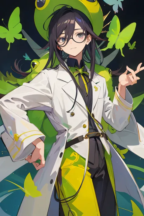 Anime-style depiction:
A long-haired boy, donning a peculiar frog hat and a lab coat reminiscent of a scientist, is seen in a captivating image, engrossed in the act of delicately savoring a butterfly. With vibrant, expressive eyes and a mischievous smile,...