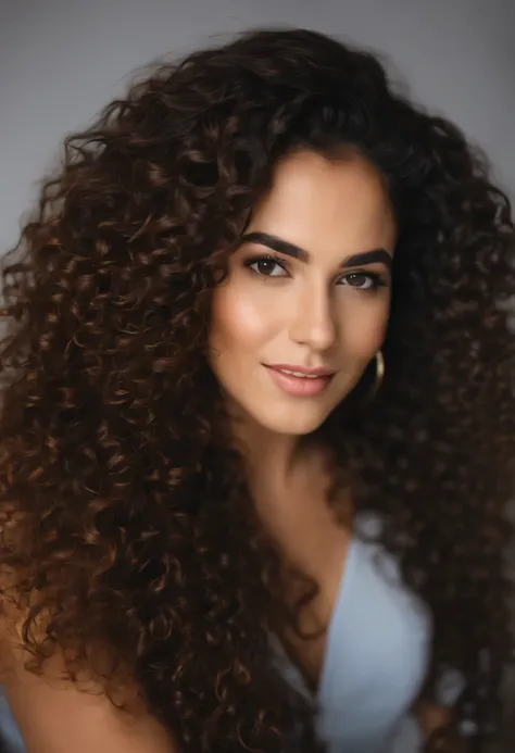 smiling woman with curly hair sitting on a chair in a room, com longos curled hair, malika favre, curled hair, by Amélia Peláez, photo of young woman, Directed by: Soldado Nandor, headshot profile picture, around 1 9 years old, Valentina Shuffle, Cabelo Cr...