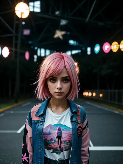 girl, pink hair, short black shorts, beautiful eyes, denim jacket, white T-shirt, field, HD effects, depth of field, contrast, panorama, kaleidoscopic , cinematic  