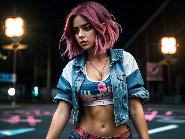 girl, pink hair, short black shorts, beautiful eyes, denim jacket, white T-shirt, field, HD effects, depth of field, contrast, panorama, kaleidoscopic , cinematic  