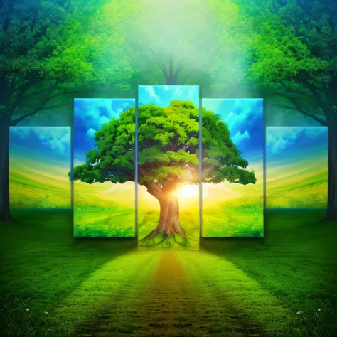 a large tree with green leaves in a field with blue sky, nature trees, hd art, high definition art, tree of life, scenery artwork, the tree of life, living tree, tree of life seed of doubt, canvas art, world tree, nature painting, nature landscape, environ...