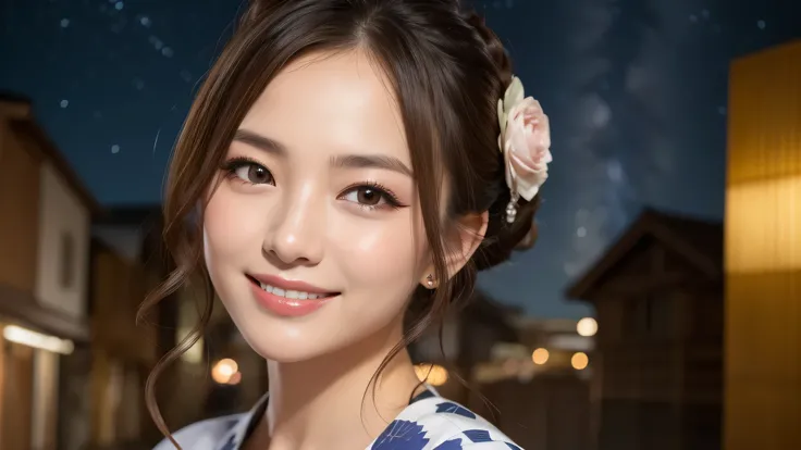 (1women), Updo hairstyle, (round eyes:1.2), (highly detailed face), (extremely detailed beautiful face), (smile happily), (floral pattern yukata), (Best Quality:1.4), (Ultra-detailed), extremely detailed CG unified 8k wallpaper, Realistic portrait, Beautif...