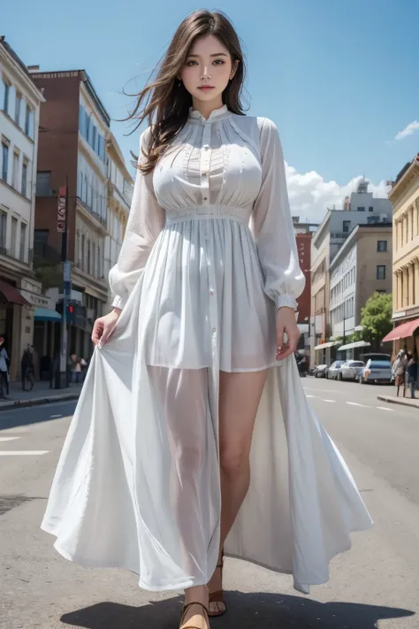 Beautiful women, modest western clothes, modestly western dress, white dress, big breasts, sun, blue sky, city