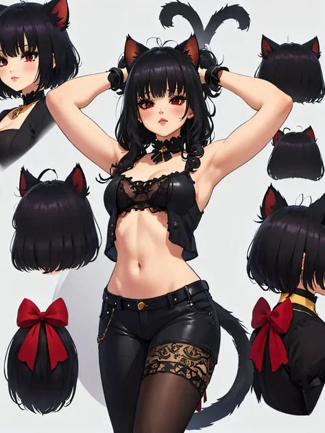 (Excellent quality, good detail, well detailed eyes, HD quality, 4k,) 1chica junkotvv, black hair with cat ears and red eyes with comfortable clothes, simple background , White background