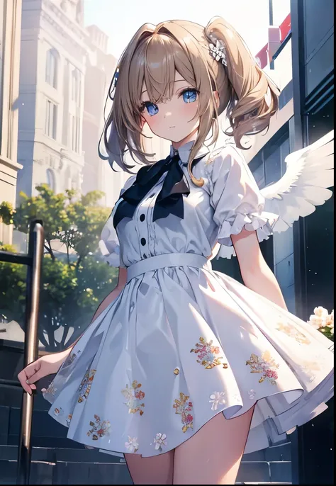 High resolution, Highest quality, masterpiece, 超High resolution, 超High resolution, Ultra-realistic, 3d, anime, figure, alone, A very beautiful and cute woman in her 20s, She was wearing a pale white floral mini-skirt dress.、Flapping its wings, Her hair is ...