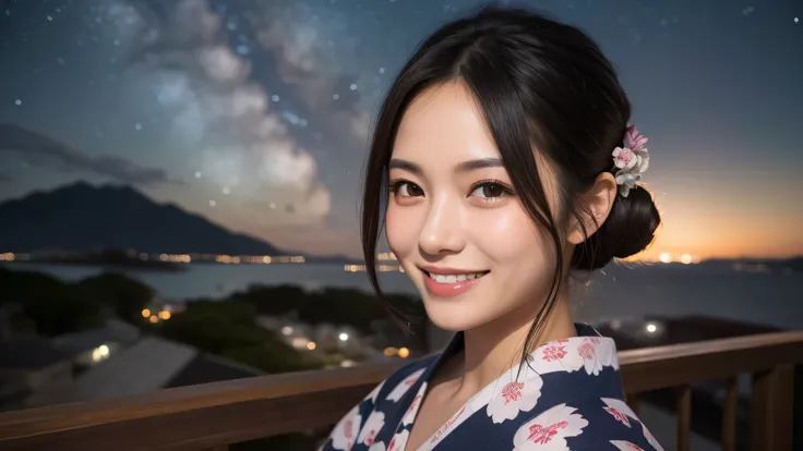 (1women), Updo hairstyle, (round eyes:1.2), (highly detailed face), (extremely detailed beautiful face), (smile happily), (floral pattern yukata), (Best Quality:1.4), (Ultra-detailed), extremely detailed CG unified 8k wallpaper, Realistic portrait, Beautif...