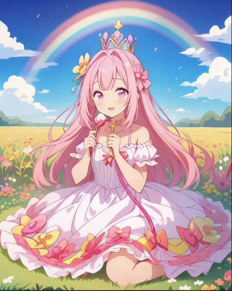 Scepter, lots of Sweet, gummies, Sweetcanes, a rainbow, Sweet, (a field of Sweet), 1 girl, sugar queen, pink dress, a Sceptor of Sweet y en nombre POLIRUBRO MAIRA EN GRANDE Y DESTACADO 