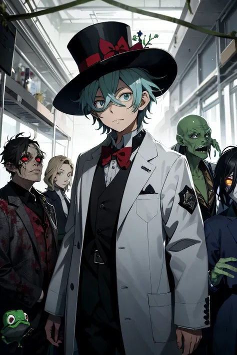 A captivating scene unfolds in the world of anime, where an effeminate boy adorned in a scientists coat and a quirky, top-hat-like frog headpiece finds himself surrounded by hoards of gruesome zombies. The boy, with his delicate features and expressive eye...