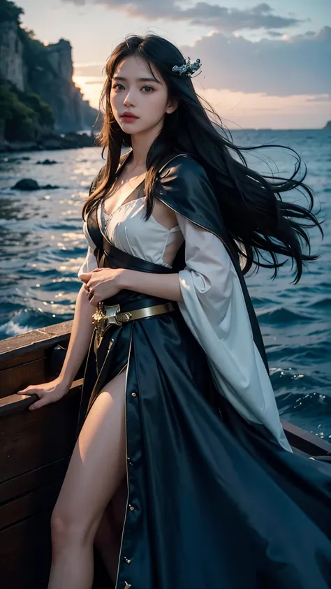 with high definition images，Young beautiful woman、Boat solo、Heroic Cape、Lonely、Highest quality、4K、HDR、Sea of stars、romantic、small、Sharp Focus、Super detailed、landscape、idealism、Large sword、dusk、High contrast、Dreamy atmosphere、Realistic、Black Hair、Piercing b...