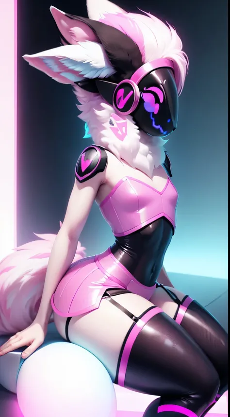 Femboy protogen with wide hips, white hair, and pink emissive highlights. blue eyes, wearing a pink mini skirt, wearing pink and white thigh high socks, with a throbbing knotted penis.