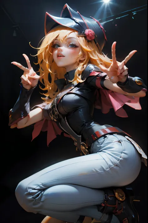 beautiful dark magician gils doing the peace and love sign with her fingers. she smiles in a sexy pose while making the peace si...