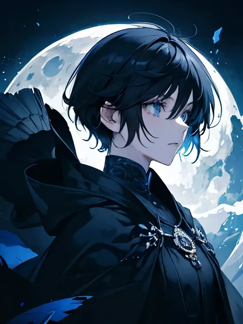 Moon Amazon, adult woman, black cloak, short black hair, masculine cut, blue eyes, moon effects