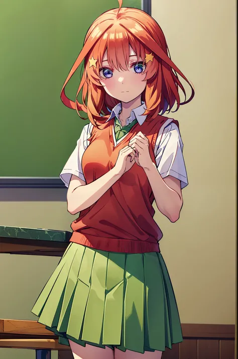 itsukinakano, itsuki nakano, bangs, blue eyes, Hair between the eyes, Ahoge, Redhead, star (symbol), hair ornaments, star hair ornaments,
break skirt, shirt, , clavicle, white shirt, Short sleeve, Pleated skirt, socks, collared shirt, mini skirt, Knee-high...