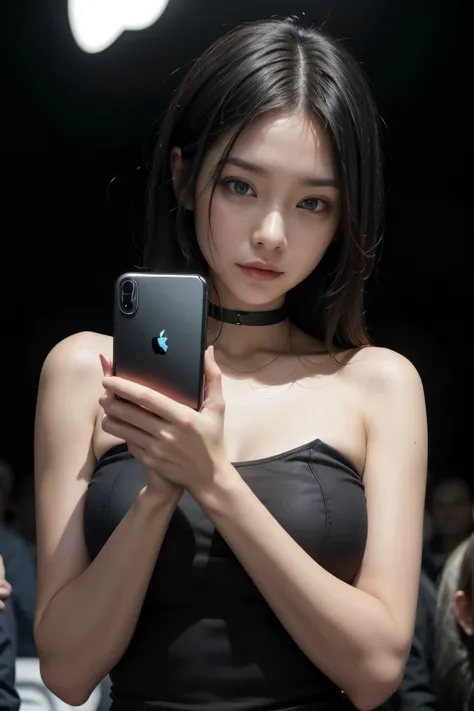 A stunning woman tightly holding a black iPhone Pro Max.