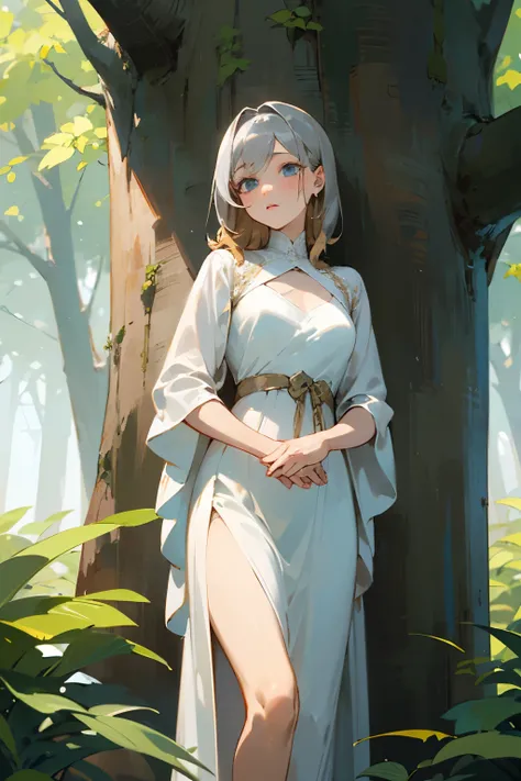 ((best quality)), ((masterpiece)), (detailed), 1girl, adult woman with brown blondeish hair and silver blue eyes wearing a long white gown in the middle of the forest