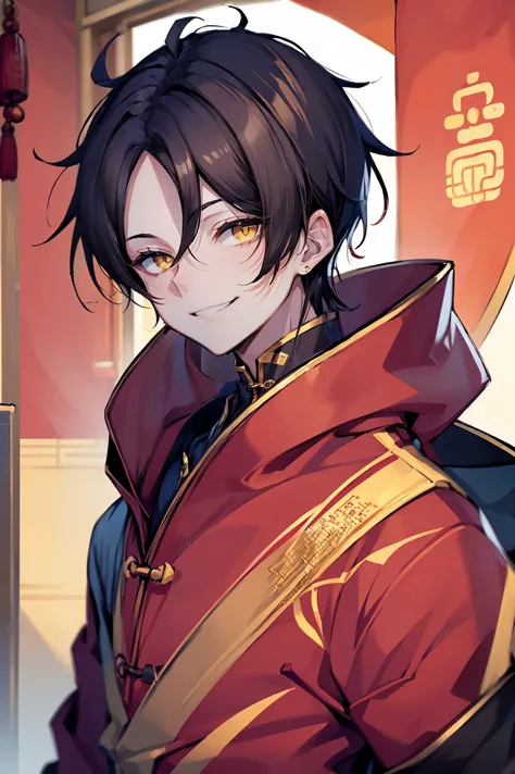 hui xiyi, rekkyou sensen, rekkyo sensen, black hair, yellow eyes, boy, male, hoodies, (chinese clothes:1.25), (short eyebrow:1.1), forehead