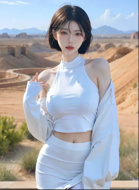 Beautiful woman with perfect figure:1.4，Ultra-high resolution，Seductive laughter，wear glasses，Desert Background，（lifelike：1.4），Layered Hairstyle，White皮肤，Super short pleated skirt，whole body，Very delicate face and skin texture，Double eyelids，Skin Whitening，...