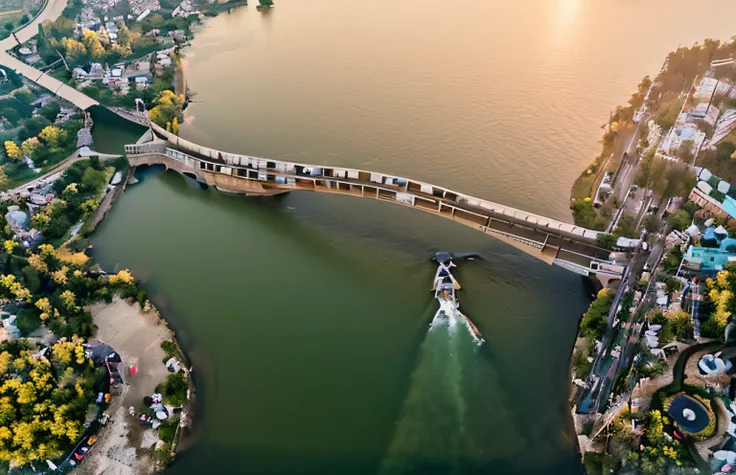 arafed bridge over a river with a boat passing by, bridge over the water, photos of shooting from above, curved bridge, bridge, ...