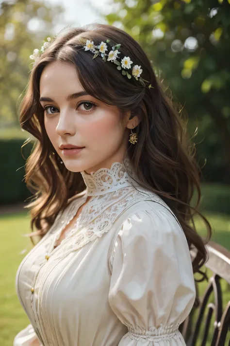 Generate a highly realistic and detailed image of a beautiful British woman from 100 years ago. She has fair skin, long wavy hair, and soft, elegant features. She is wearing a classic early 20th-century dress, with intricate lace details and a high collar....