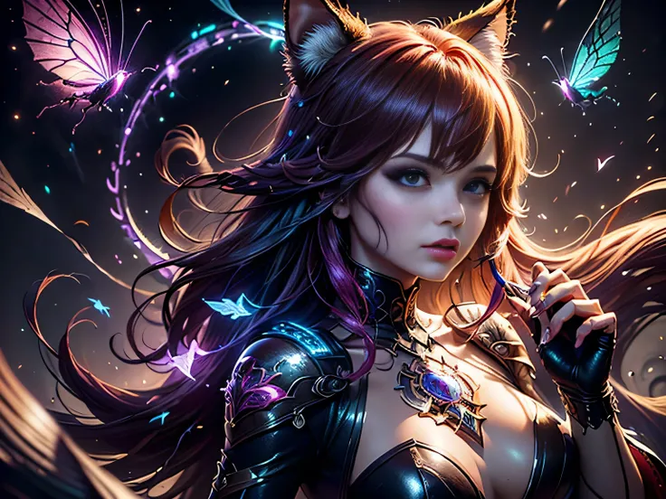 (Best Quality, 8K, Masterpiece, HDR, Soft Lighting, Picture Perfect, Realistic, Vivid), Cat Girl (1.0), Cat Girl with Red Hair and brown eyes and Sexy Revealing Clothes, Pink Bodysuit with Glitter Texture, Beautiful Anime Fantasy, Very beautiful and cute c...