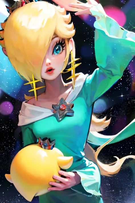 rosalina, age 21, blonde hair, blue eyes, light blue clothing, earrings, crown, in space