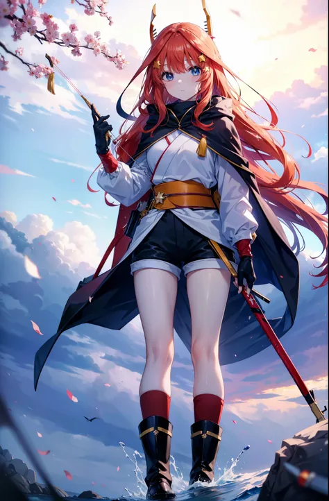 itsukinakano, itsuki nakano, bangs, blue eyes, Hair between the eyes, Redhead, star (symbol), hair ornaments, star hair ornaments,Wearing a hood,long hair,Carrying an archery bag,He has a quiver on one side, boots, Cape,gloves, red Knee socks, High heels, ...