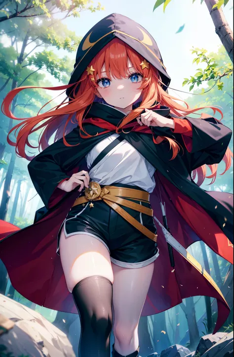 itsukinakano, itsuki nakano, bangs, blue eyes, Hair between the eyes, Redhead, star (symbol), hair ornaments, star hair ornaments,Wearing a hood,long hair,Carrying an archery bag,He has a quiver on one side, boots, Cape,gloves, red Knee socks, High heels, ...