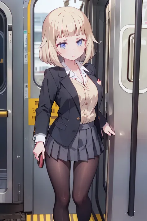 (8K、Highest quality、highest quality、masterpiece)、Detailed face、One girl、on the train、((Pressing her chest against the train window 1.4))、、short hair、、blunt bangs、Grey Eyes、、、((Blazer jacket uniform))、((Pleated skirt))、((No panties))、((bent over))、Back Alle...